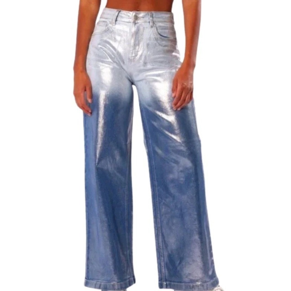 AKIRA Miz Cirrus Women's Wide Leg Jeans Metallic Ombre Silver Blue High Rise 9